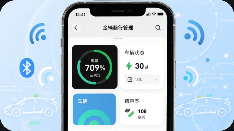 画面中央一部智能手机屏幕显示金箭智行APP车辆管理界面,界面中有电量百分比环形图与车辆状态卡片,背景为浅蓝渐变科技感场景,四周漂浮蓝牙信号图标与电动车轮廓线条,整体风格清爽简洁,适配Boogu模型生成