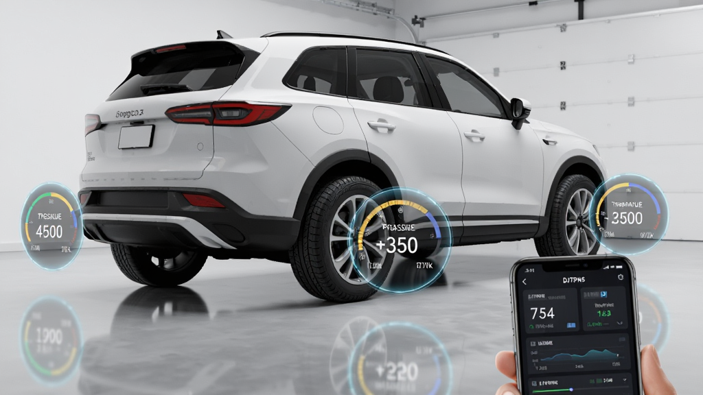 ��������Ϊһ����ɫSUVͣ������ĳ����У��ĸ���̥�Էֱ������Ű�͸����Բ��������壬�������ʾ̥ѹ��ֵ���¶ȿ̶ȣ��ֻ���Ļλ�ڻ������½ǣ���Ļ�ڳ���DJTPMS��������ɫ���ݽ��棬�����ϳ���ռ�ݻ�������ƫ��������廷�Ƴ��ֲַ����ֻ���Ϊǰ����׺�����Ϊдʵ�Ƽ��У�ϸ�ڰ�����̥��������������������΢��߿򡢳����������ͷ��⣬���ʸ��塢�ɾ����޶���Ԫ��