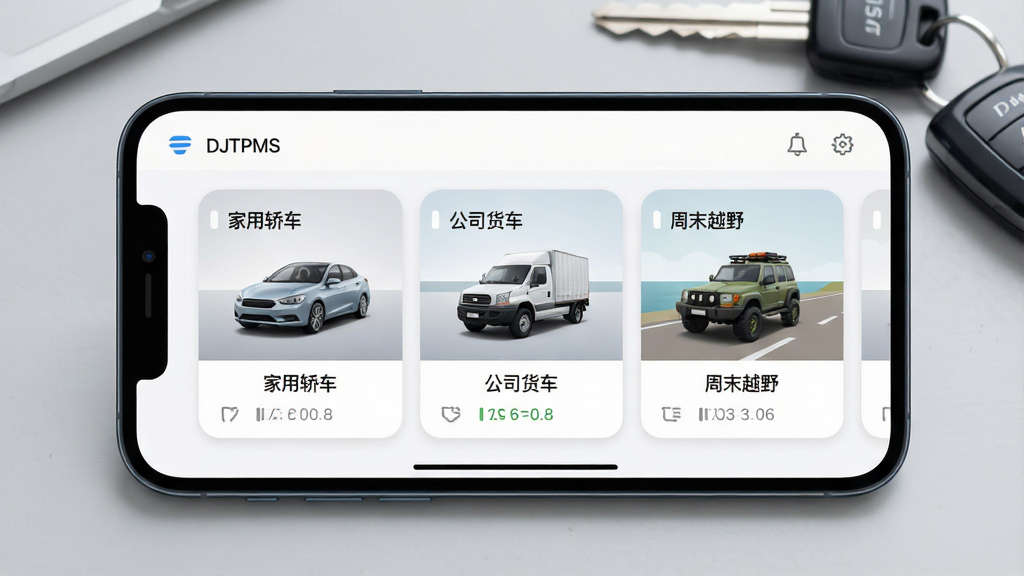 ��������Ϊһ���ֻ�����չʾDJTPMS�����Ķ೵���������棬��Ļ�����������ų�����Ƭ���ֱ��ע�����ýγ�������˾����������ĩԽҰ�����������ֻ����У�����Ϊǳ��ɫ�����복Կ�ף����Ϊ�������磬ϸ�ڰ�����ƬԲ����ơ�����ͼ�����������ֱ�ǩ�ɶ������ʸ��塢�ɾ����޶���Ԫ��
