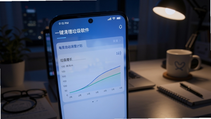 一键清理垃圾软件的定时清理设置页面,显示每周自动清理计划与垃圾增长曲线图,手机屏幕发出柔和蓝光,背景为夜晚书桌场景,体现智能监控与自动维护的科技感