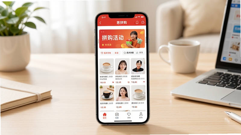 惠拼购应用主界面全貌展示,画面中央为手机屏幕显示惠拼购首页商品瀑布流与拼购活动横幅,背景为浅色居家桌面环境,风格清新明亮,突出优惠购物氛围
