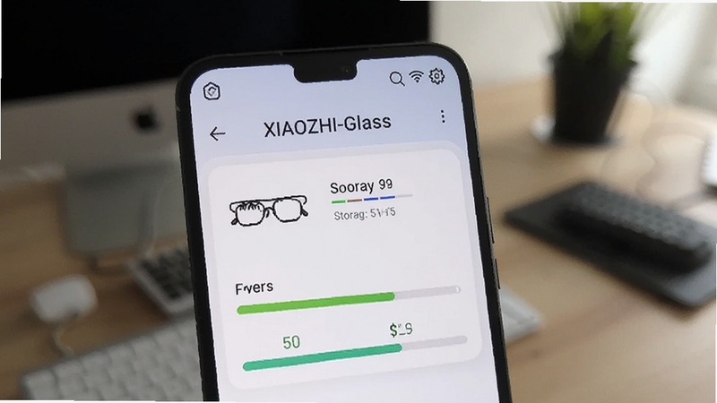 一部手机屏幕显示XIAOZHI-Glass设备管理界面,界面中呈现智能眼镜图标与电量、存储状态条,背景为办公桌面环境,画面主体聚焦手机屏幕,光线柔和,细节清晰,适配Boogu模型生成