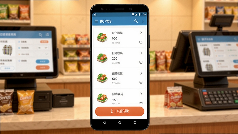 BCPOS�ƶ�����Ӧ��������չʾ����������Ϊһ��������׿�ֻ�����Ļ����ʾ��Ʒ�б���ɨ���տť������Ϊ����ı���������̨������ůɫ���ƹ⣬��ƽ��UI���ϸ���������ʺ���������վ��ͼ