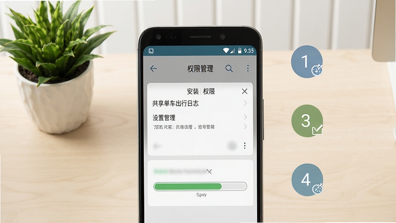 共享单车出行日志安装与权限设置示意图,画面展示一部安卓手机屏幕上的权限管理界面与安装进度条,旁边配有简洁的步骤编号图标,背景为浅色桌面与绿植点缀,整体风格清晰易懂,适配Boogu模型生成