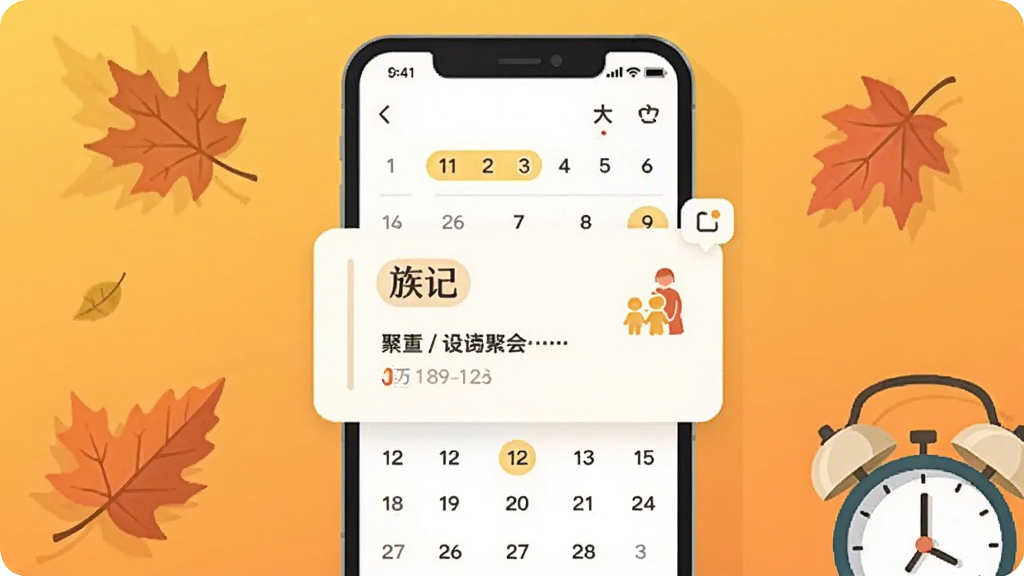画面中央为手机屏幕竖版构图,屏幕内显示日历界面与事件提醒卡片,卡片上有