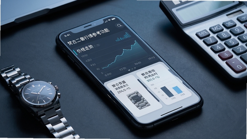 梵古二奢行情参考功能示意,手机屏幕显示价格走势与同类商品对比卡片,背景为深灰色商务风格桌面,配以金属质感腕表与计算器道具,光线偏冷,突出数据分析与理性决策的氛围