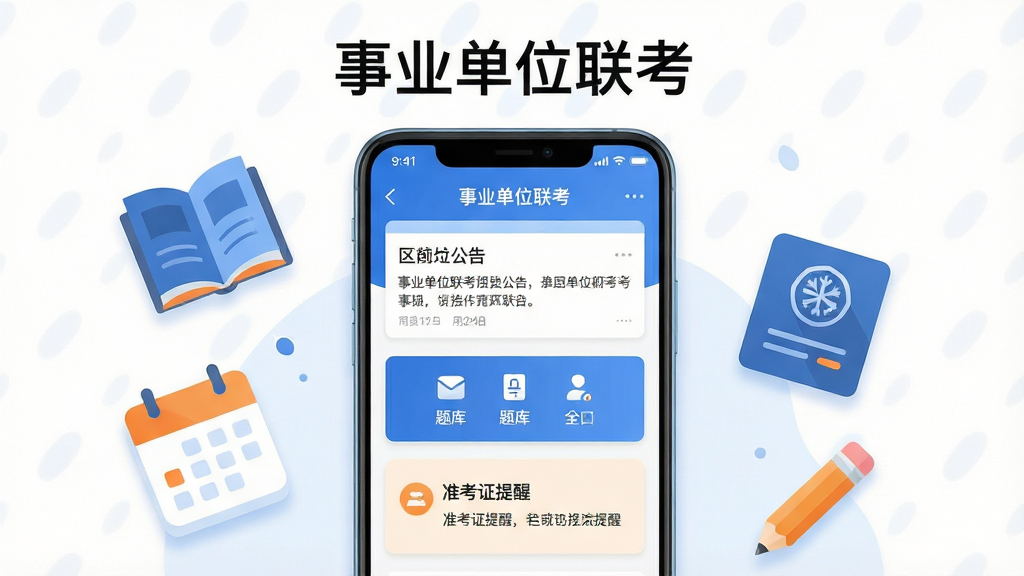 主体为一部竖屏安卓手机,屏幕中央显示“事业单位联考”应用主界面,界面包含公告栏、题库入口、准考证提醒卡片等模块;布局采用居中构图,手机两侧漂浮着书本、日历、准考证、铅笔等扁平化图标;排版简洁明快,上方留白放置应用名称文字“事业单位联考”;风格为清爽扁平化UI插画,蓝白主色调搭配少量橙色点缀;细节上屏幕内文字清晰、图标圆润、阴影柔和;画质高清,干净利落,无多余元素