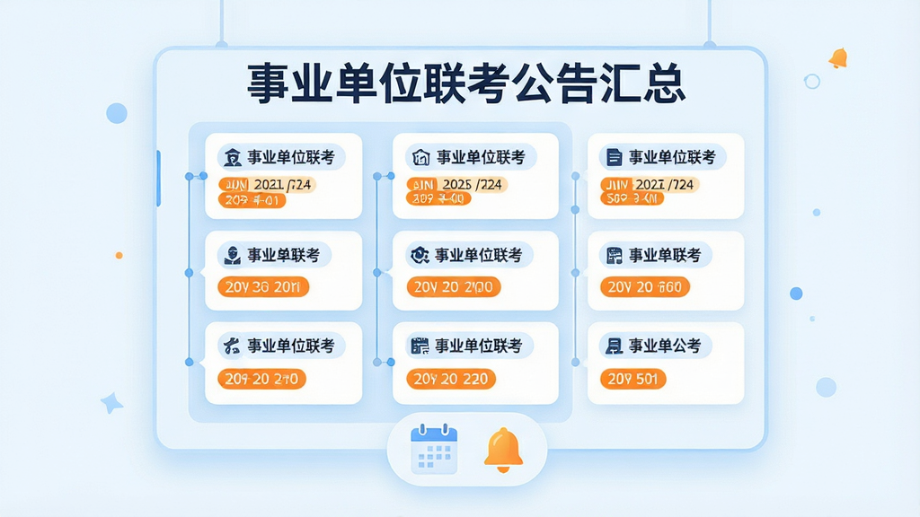 主体为一块悬浮的信息聚合面板,面板上排列着多张“事业单位联考”公告卡片,卡片标注不同省份与日期;布局为卡片瀑布流式排列,面板下方有日历图标和铃铛提醒图标;排版层次分明,标题文字“事业单位联考公告汇总”位于面板顶部;风格为现代扁平信息图,浅蓝与白色为主,辅以橙色高亮标签;细节上卡片圆角、图标精致、时间轴线条清晰;画质高清,画面干净,无杂乱装饰