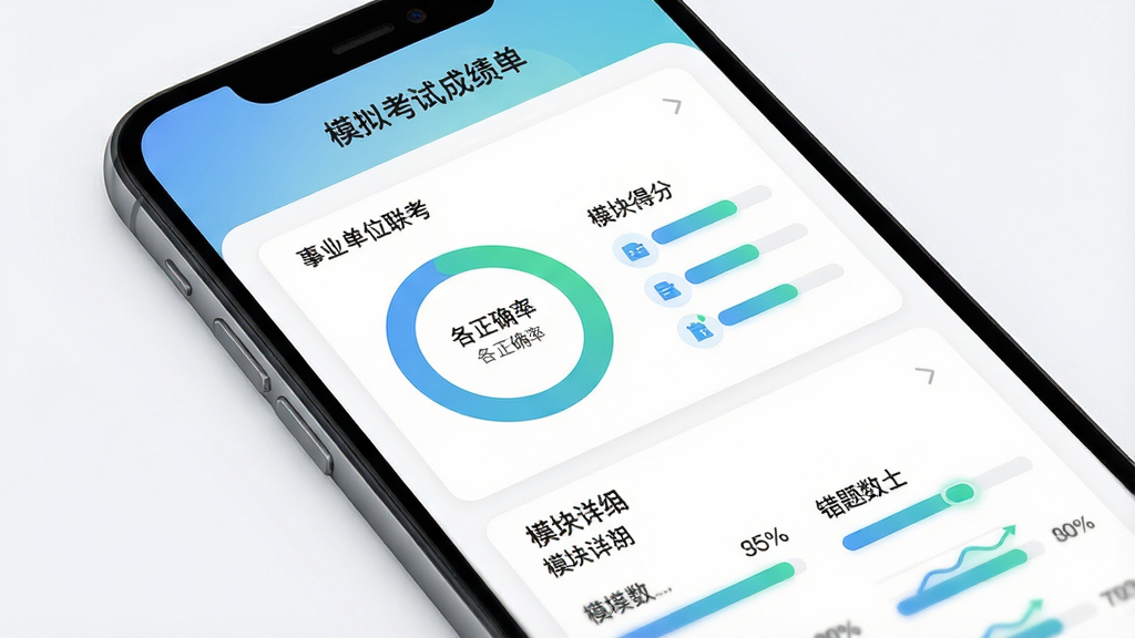 主体为手机屏幕中的模拟考试结果页面,页面显示“事业单位联考”得分报告,包含环形正确率图表、各模块得分条和错题数量;布局为上下结构,上方成绩总览、下方模块明细;排版工整,标题“模拟考试成绩单”位于顶部;风格为数据可视化扁平风,蓝绿渐变图表搭配白色背景;细节上数字清晰、进度条圆润、图标简洁;画质高清,画面干净,无多余元素
