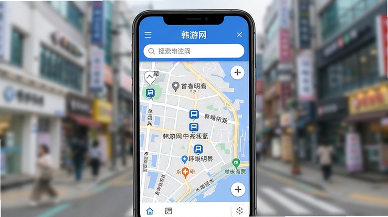 韩游网中文版韩国地图功能界面,手机屏幕显示首尔明洞街区地图,标注中文地名与地铁站图标,界面干净整洁,蓝白配色,背景虚化处理,突出地图细节与搜索框,写实风格