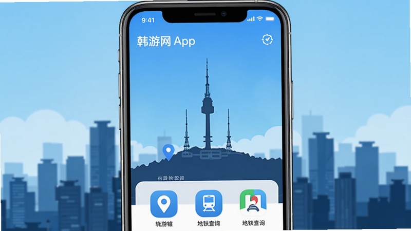 韩游网APP首页界面展示,手机屏幕居中,背景为韩国首尔城市天际线与南山塔剪影,画面明亮清新,蓝色主色调,扁平化UI设计风格,突出地图导航与地铁查询功能图标,整体构图简洁现代,适配应用商店宣传图