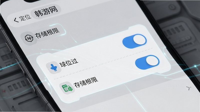 韩游网应用权限设置界面示意图,手机屏幕显示定位与存储权限开关,背景为简洁设置页面,灰白配色,突出权限管理细节,科技感风格