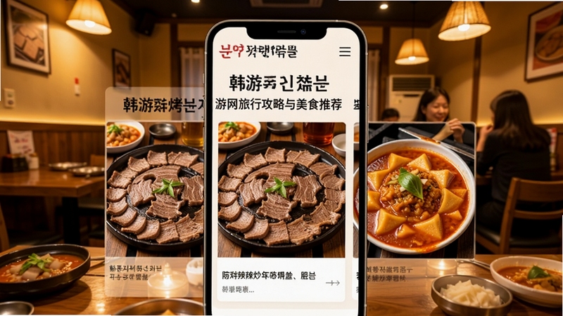 韩游网旅行攻略与美食推荐页面,手机屏幕展示韩国烤肉与辣炒年糕美食图片配中文介绍文字,背景为温馨餐厅环境,暖色调,生活化场景,突出内容丰富度