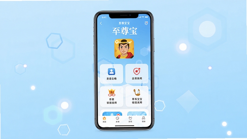 至尊宝应用主界面展示,画面中央为手机屏幕,屏幕上呈现至尊宝软件首页的简洁功能布局,背景为柔和的浅蓝色渐变,四周点缀抽象的几何光斑,整体风格现代清爽,突出软件名称至尊宝