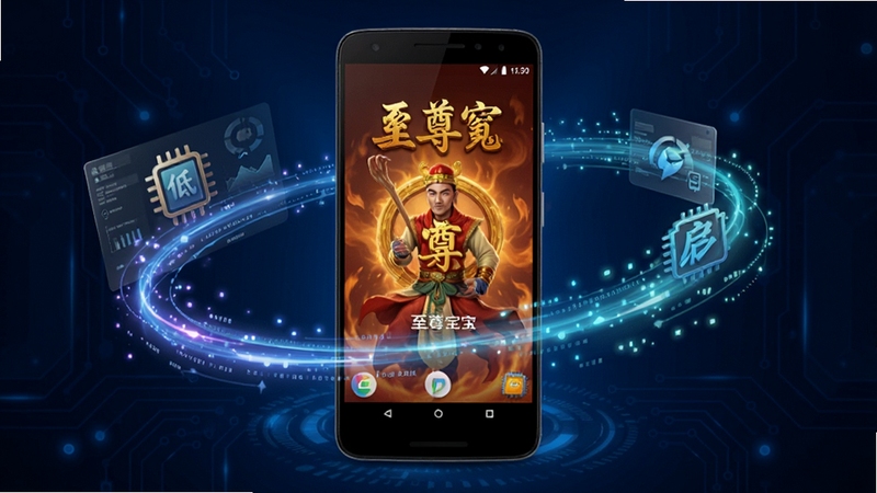 至尊宝运行性能示意图,画面中央一部安卓手机显示流畅运行的至尊宝界面,周围环绕代表低内存占用与快速启动的抽象数据光效,背景为深蓝色科技感渐变,突出软件轻量稳定的特点