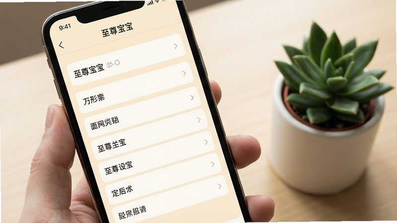 至尊宝设置页面细节展示,手机屏幕呈现至尊宝的选项列表界面,条目排列整齐、留白舒适,背景为温暖米白色调,画面一角放置简约绿植装饰,营造轻松易用的视觉氛围