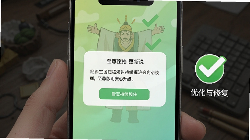 至尊宝版本更新提示界面,手机屏幕上显示更新说明弹窗,旁边配有代表优化与修复的对勾图标,背景为浅绿色渐变,整体画面传达持续改进与安心升级的感觉