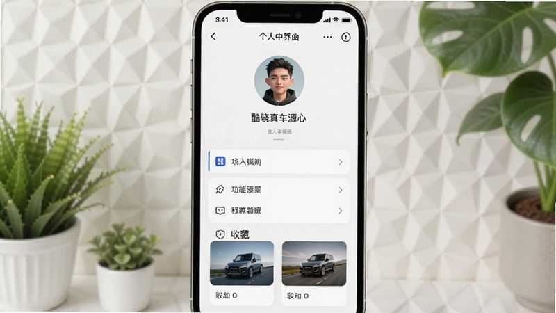 酷骁真车源个人中心界面展示,包含头像区域、功能列表与收藏卡片,背景为浅色几何纹理与绿植点缀,风格生活化且整洁,竖版构图