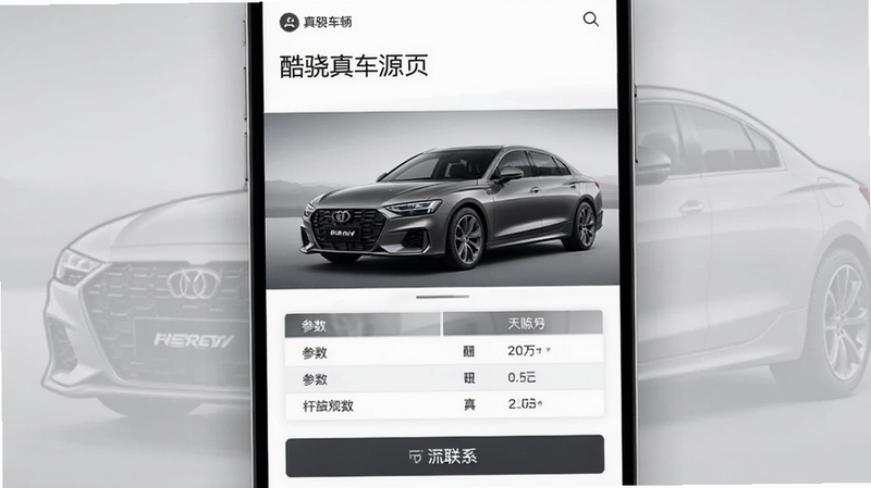 酷骁真车源车源详情页界面特写,页面包含车辆大图、参数表格与联系按钮,背景为柔和灰色与汽车轮廓线稿,风格干净利落,突出信息层级,竖版构图
