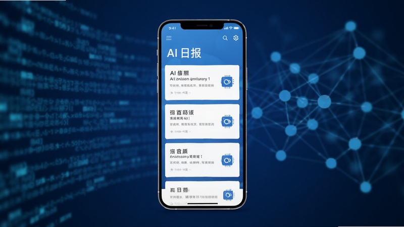 整体画面以科技蓝为主色调,中央位置放置一部智能手机,屏幕显示AI 日报应用界面,界面中包含日报卡片列表与人工智能相关图标,背景区域为虚化的数据流与神经网络节点图案,风格简洁现代,适合作为软件宣传主视觉