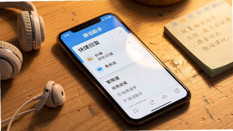 微话助手应用界面特写,展示快捷回复面板与常用语分组列表,手机置于木质桌面,旁边有耳机与便签,暖色调光线,突出高效沟通的使用氛围