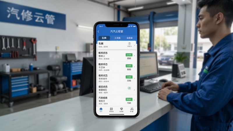 汽修云管家手机端接车开单界面,维修工单列表清晰展示车牌与维修状态,汽修门店前台场景,写实风格