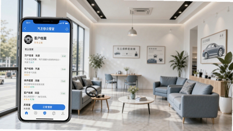 汽修云管家客户档案与保养提醒功能展示,手机屏幕显示车主维修历史记录,汽修门店休息区环境,明亮整洁