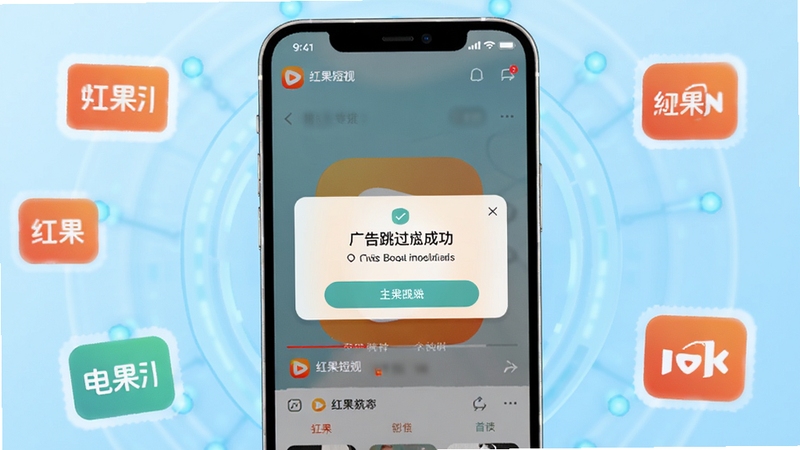 红果广告自动跳过软件主界面展示,画面中央为手机屏幕特写,屏幕内显示红果短剧播放界面与广告跳过成功提示弹窗,背景为浅蓝色渐变科技感光效,四周环绕简洁的广告拦截图标元素,整体风格清爽现代,适配Boogu模型生成