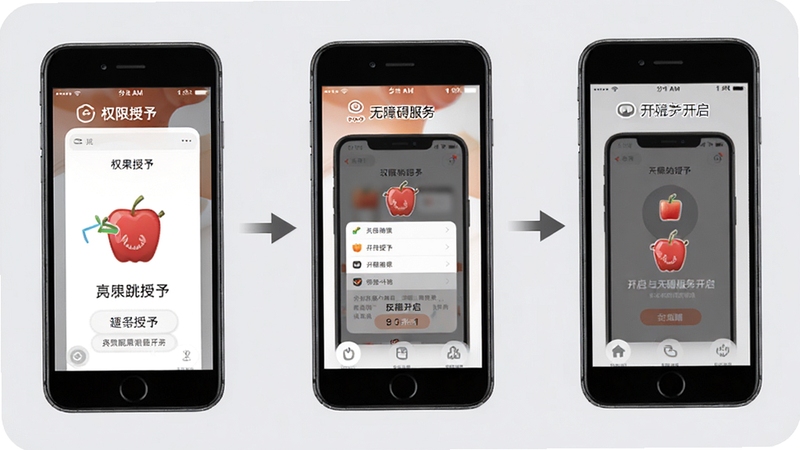 红果广告自动跳过安装配置流程示意图,画面以手机界面分步展示权限授予与无障碍服务开启步骤,配以简洁箭头引导与图标标注,背景为柔和浅灰底色,整体呈现清晰直观的教程风格