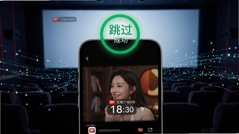 红果广告自动跳过智能识别广告场景,画面展示手机播放短剧时广告倒计时被自动跳过的瞬间,屏幕上方浮现绿色跳过成功标识,背景为深色影院氛围与流动的数据光点,突出智能识别与自动处理的科技感,风格简洁明快