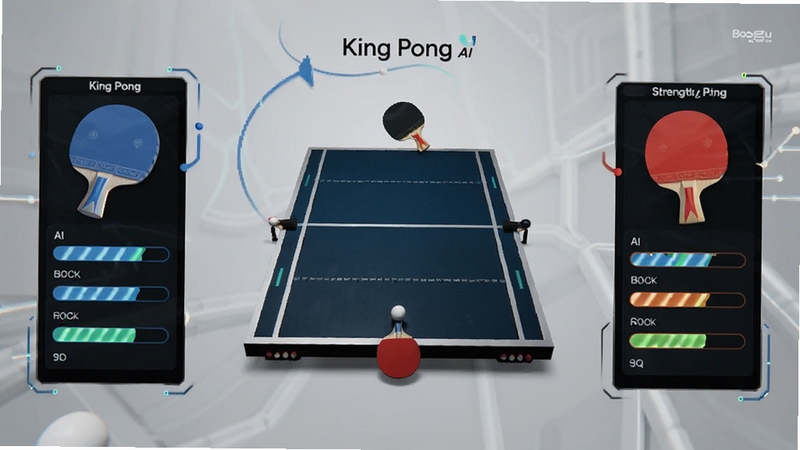 画面呈现 King Pong 对局中 AI 对手强度变化的可视化界面,屏幕两侧分别显示不同难度的球拍图标与动态数据条,背景为科技感浅灰渐变,突出智能调节的流畅体验,适配 Boogu 模型生成