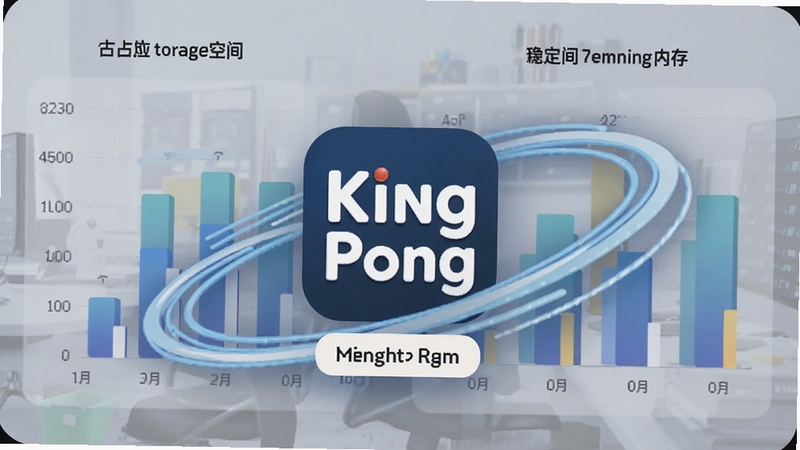 画面以手机存储空间与运行内存的可视化图表为背景,中央放置 King Pong 应用图标与轻量标签,周围环绕流畅运行的速度线条,整体风格简洁商务,突出低占用与稳定运行,适配 Boogu 模型生成