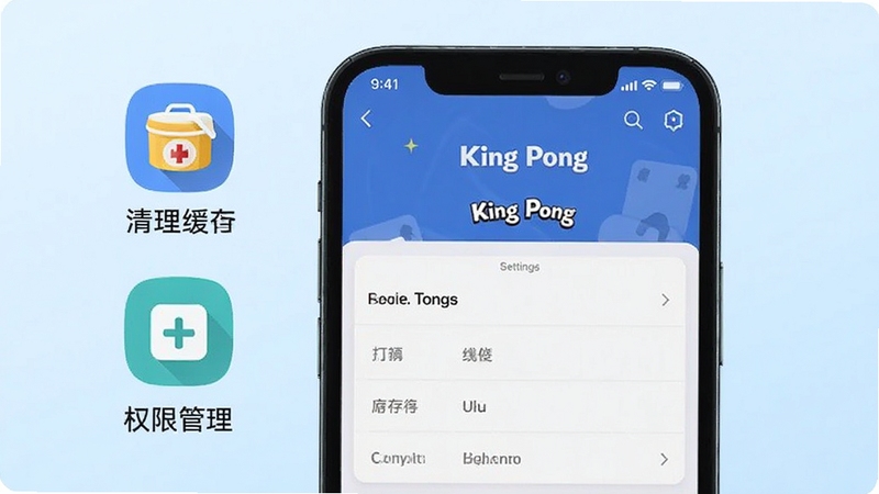 画面展示一部手机屏幕出现 King Pong 运行设置界面,旁边放置清理缓存与权限管理的图标元素,背景为浅色渐变,整体风格清新简洁,突出问题排查与优化操作的直观性,适配 Boogu 模型生成