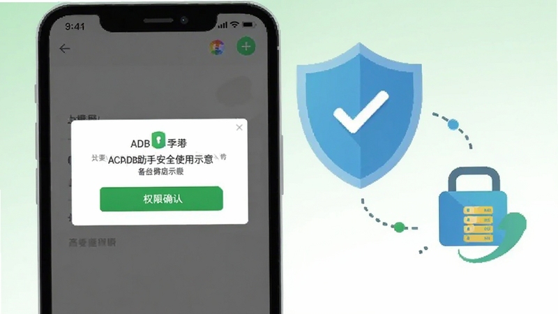 ADB助手安全使用示意插画,手机屏幕显示权限确认弹窗,旁边有盾牌图标和数据备份图标,背景为浅绿色渐变,风格扁平化简洁