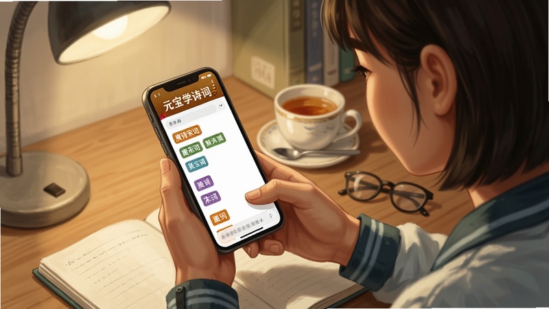 一位学生在书桌前用手机浏览元宝学诗词的分类页面,屏幕上有唐诗宋词标签,桌面放着笔记本与茶杯,暖光照明,写实风格插画