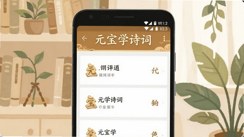 画面中央为一部安卓手机,屏幕显示元宝学诗词的诗词列表界面,背景为浅米色书架与绿植,整体氛围安静雅致,扁平插画风格,突出软件名称元宝学诗词