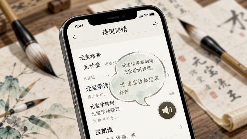 手机屏幕特写显示元宝学诗词的诗词详情页,注释气泡弹出,旁边有朗读按钮,背景虚化有毛笔与宣纸元素,清新国风插画