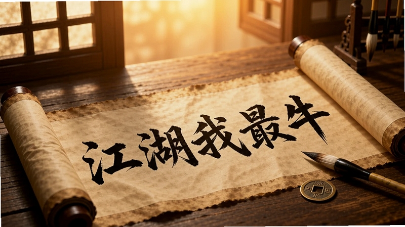 画面为展开的古代卷轴铺满桌面,卷轴文字隐约可见江湖我最牛字样,旁边放置一枚铜钱与一支毛笔,背景为木质桌面与窗棂光影,主体卷轴位于画面中心偏下,上方留出暖色光晕区域,风格写实静物,突出文字武侠氛围