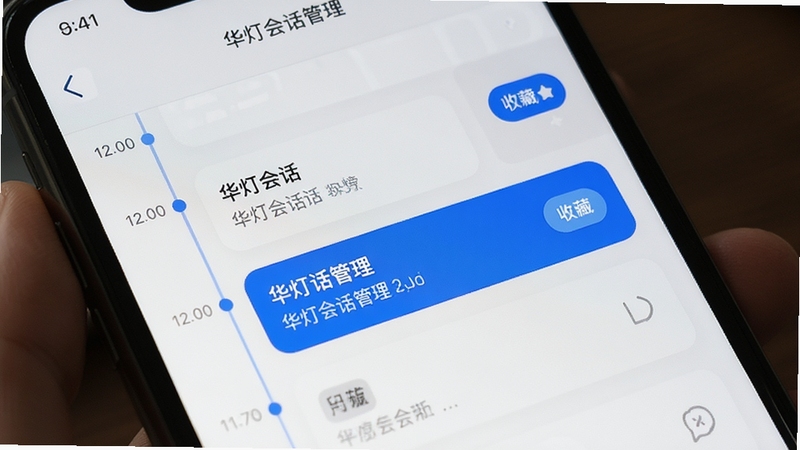 华灯会话管理界面特写,手机屏幕展示会话列表页面,左侧为时间轴式历史记录,右侧为收藏标记按钮,界面采用卡片式布局,浅色背景搭配蓝色高亮选中状态,整体干净整洁,体现华灯软件的记录管理能力