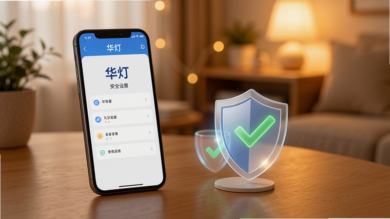 华灯安全使用场景示意图,画面展示一部手机放置在木质桌面上,屏幕显示华灯应用的安全设置页面,旁边有盾牌图标与绿色对勾标识,背景为柔和暖光室内环境,整体传递安心可靠的使用氛围