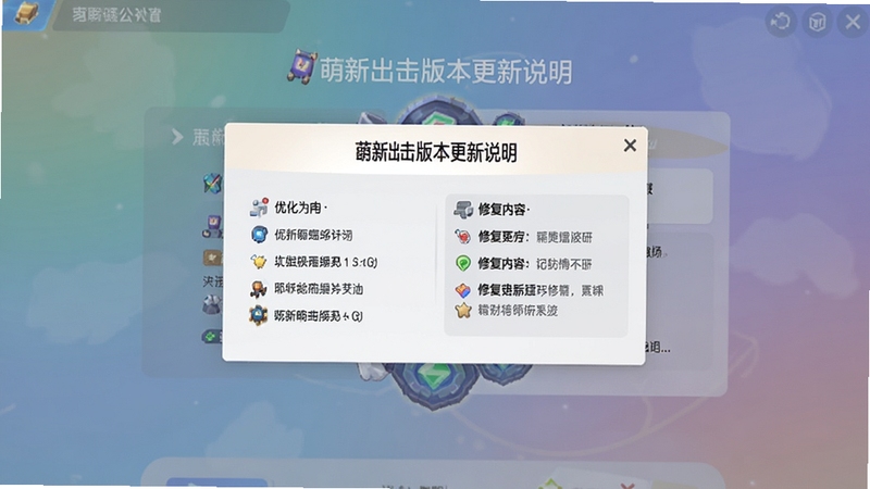 萌新出击版本更新说明页面,画面展示游戏内公告弹窗,列出优化条目与修复内容,背景为柔和渐变色调,界面简洁清晰