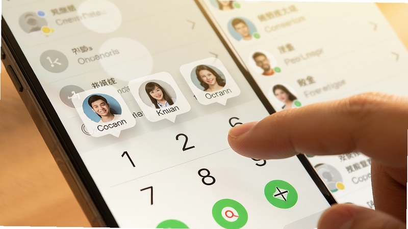 Phone拨号器智能检索功能特写,画面中心为手机拨号盘界面,数字键上悬浮显示匹配的联系人头像与姓名,手指正点击屏幕,背景为虚化的通讯录列表,色调温暖明亮,突出快速查找联系人的便捷感