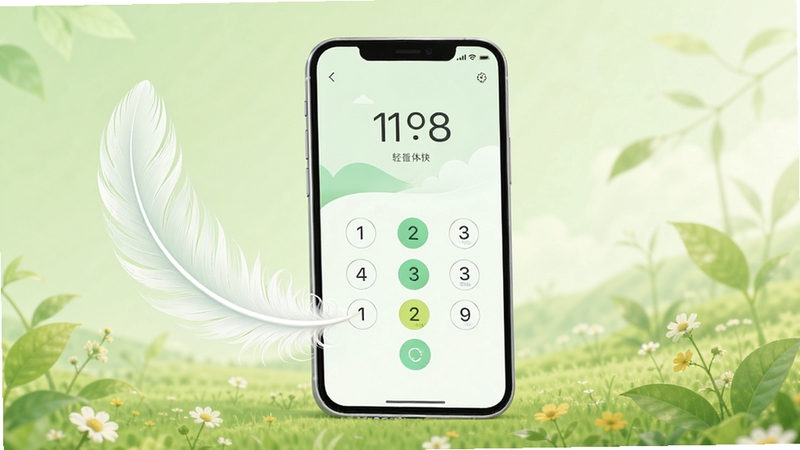 Phone拨号器轻量运行概念图,画面主体为一部手机与轻盈的羽毛元素结合,手机屏幕显示拨号界面,背景为浅绿色自然场景,象征软件体积小、运行轻快无负担,风格清新简洁