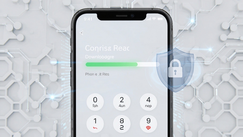 Phone拨号器安全下载安装示意图,画面主体为手机屏幕显示下载进度条与安全盾牌图标,背景为浅灰色科技纹理,突出安全下载与防护概念,风格简洁专业