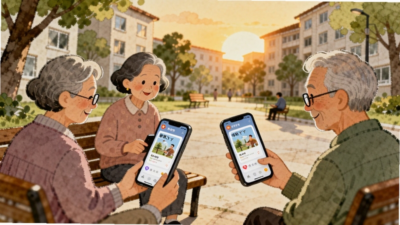 画面呈现一个温馨的社区广场场景,几位不同年龄的居民围坐在长椅旁用手机交流,手机屏幕浮现邻聚丫丫的邻里动态界面,有图文卡片和点赞评论图标;背景是绿树掩映的住宅楼与暖色夕阳,整体风格为柔和的手绘水彩质感,突出社区互动氛围