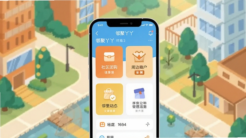 整体画面采用扁平化插画风格,画面中心位置放置一部智能手机,屏幕内展示邻聚丫丫应用的主界面,包含社区团购、周边商户、邻里动态等模块图标;背景区域为温馨的现代城市小区俯瞰场景,有绿树、步道和楼宇,色彩以暖橙色与浅蓝色为主调,画面干净明亮,适合作为软件介绍配图