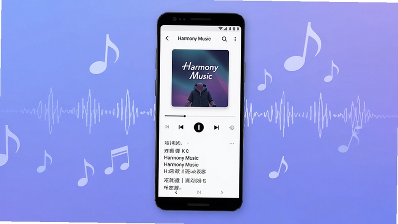 软件核心全貌展示,画面中央放置一部安卓手机,手机屏幕显示Harmony Music播放器主界面,包含专辑封面、播放控制按钮与歌词区域,背景为柔和的渐变蓝紫色调,周围点缀音符与声波线条元素,整体风格简洁现代,适合软件下载站头图使用