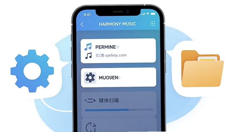 Harmony Music 设置界面截图风格插画,画面展示手机屏幕上的权限设置与媒体库扫描选项,旁边配有齿轮与文件夹图标,色调清新明亮,体现操作引导氛围