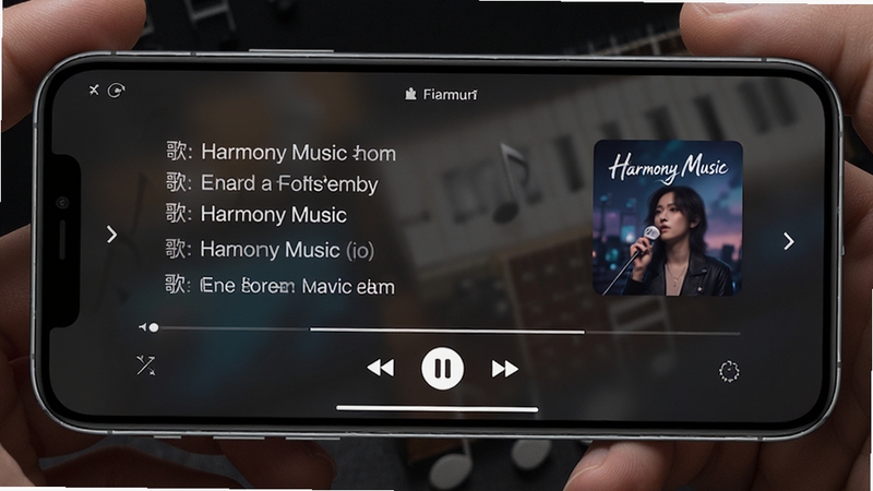 Harmony Music 歌词界面特写,手机横屏显示滚动歌词与专辑封面,背景为深色毛玻璃效果,界面元素清晰精致,突出播放器的视觉美感