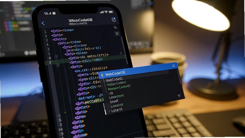 һ���ֻ���Ļ��д����ʾ WebCodeIDE �༭���� HTML ���뱻��ɫ��������괦������ǩ��ȫ��ѡ�򣬱���Ϊ���ɫ����̨�����̨�ƹ��Σ���������λ����Ļ����ƫ���Ҳ�������ȫ�б���������ɫ��ƫ�䣬ϸ���������ʺ�չʾ��������벹ȫ����